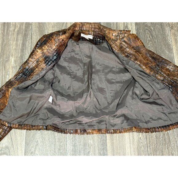 VINTAGE LENA GABRIELLE BROWN FAUX REPTILE TEXTURE BLAZER JACKET WOMENS 6 POCKETS - Picture 9 of 11
